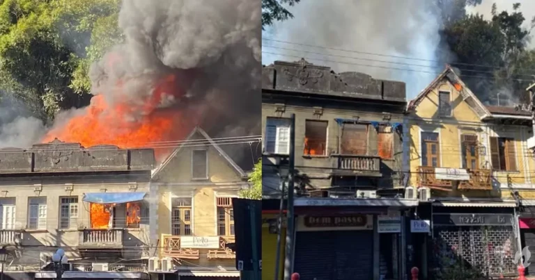 Incêndio de grande proporção destrói loja em casarão histórico no Rio de Janeiro.