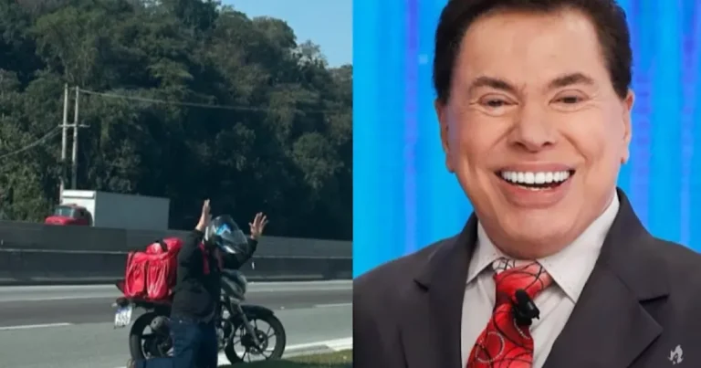 Motociclista se ajoelha e reza em frente ao SBT após falecimento de Silvio Santos