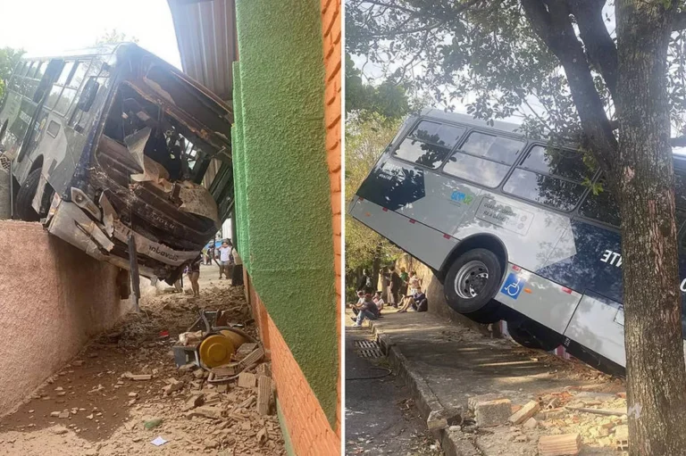 Ônibus perde o freio, bate em muro de creche e deixa feridos