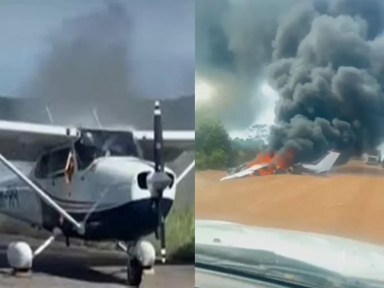 Vídeo: Avião de pequeno porte pega fogo após fazer pouso forçado em MG