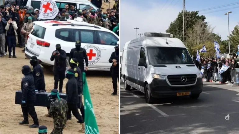 Hamas entrega corpos de bebê, criança, mãe e idoso em caixões pretos para Israel