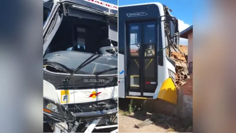 Dois ônibus batem em cruzamento e um deles atinge muro de casa em Botucatu