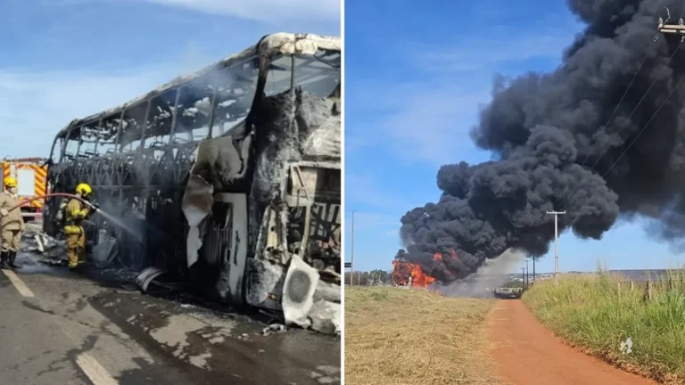 Ônibus do DF com 16 passageiros fica destruído após pegar fogo