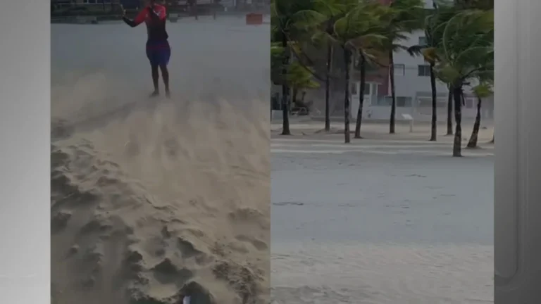 Impulsionados por ciclone, ventos “levam areia” da praia no litoral de SP