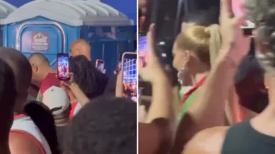 Sufoco! Virginia é cercada ao tentar fazer xixi em banheiro químico