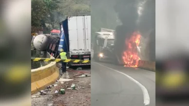 RJ: carreta com cerveja colide com caminhão com combustível tombado