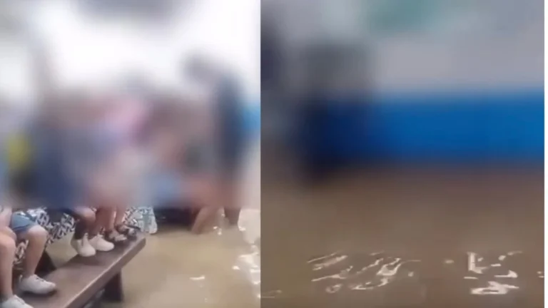 Temporal no RJ fecha escolas e alunos se abrigam sobre mesas; veja o vídeo