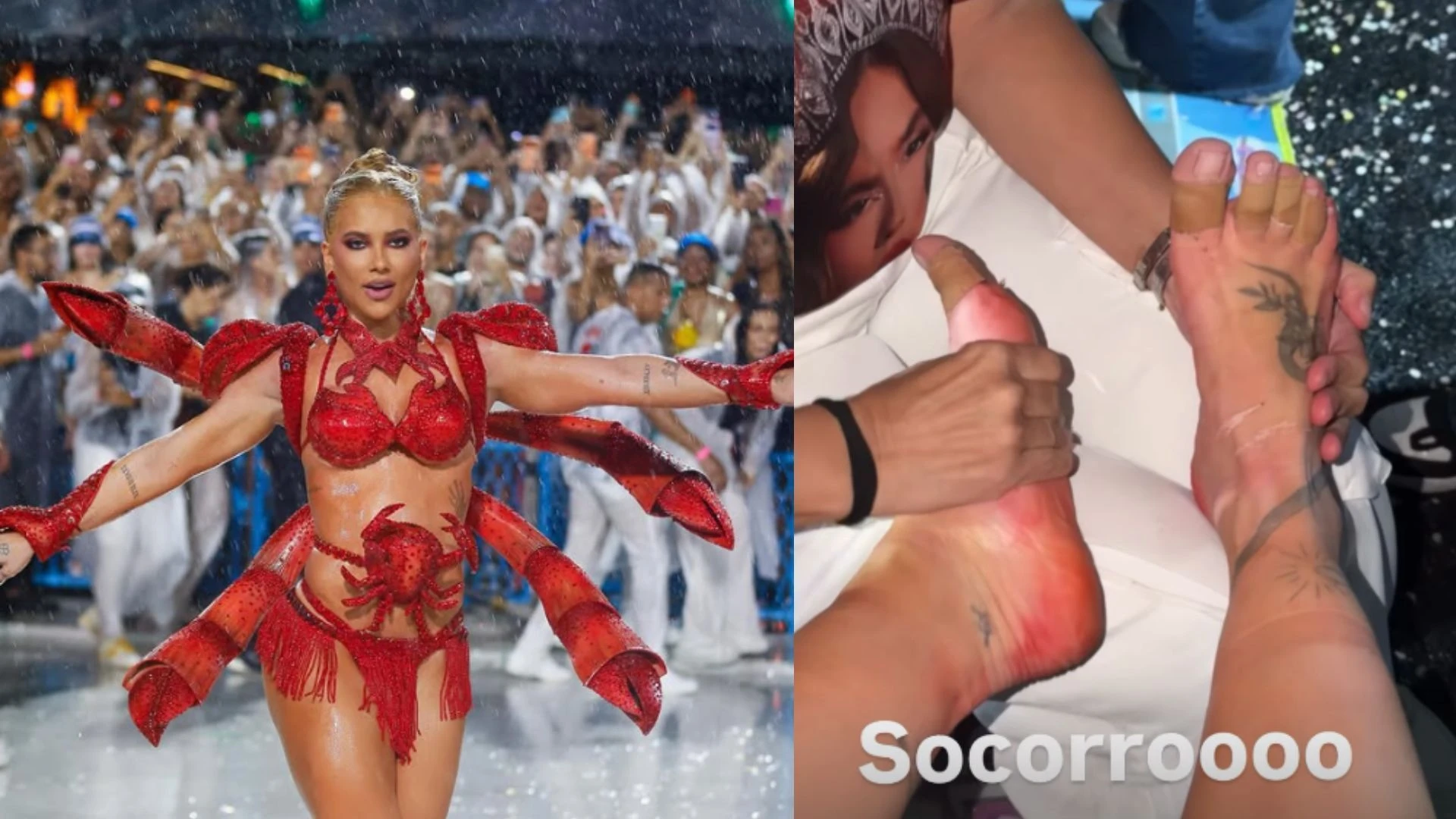 Virginia mostra os pés machucados após último ensaio na Marquês de Sapucaí