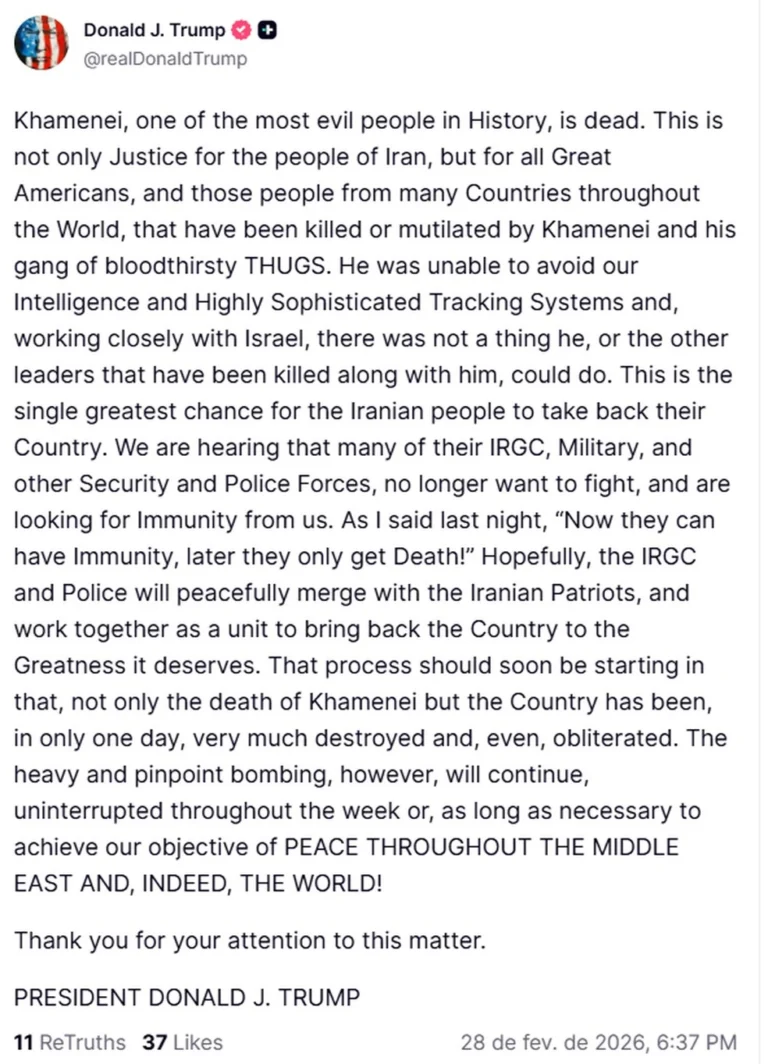 Irã confirma morte do líder supremo Ali Khamenei