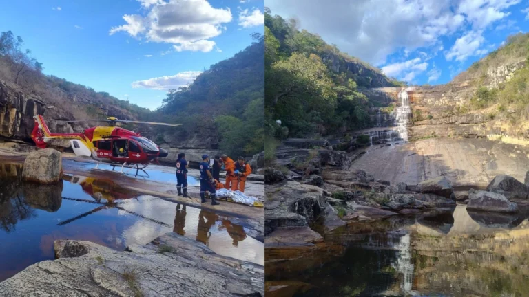 Mulher cai de cachoeira e é resgatada de helicóptero em MG