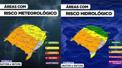 RS tem ganizo e alerta da Defesa Civil para temporais e risco de tornados